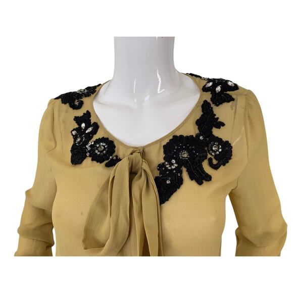 Robert Rodriguez Blouse Embellished Beaded Chiffon Tie Neck Top Size Small - Picture 4 of 6